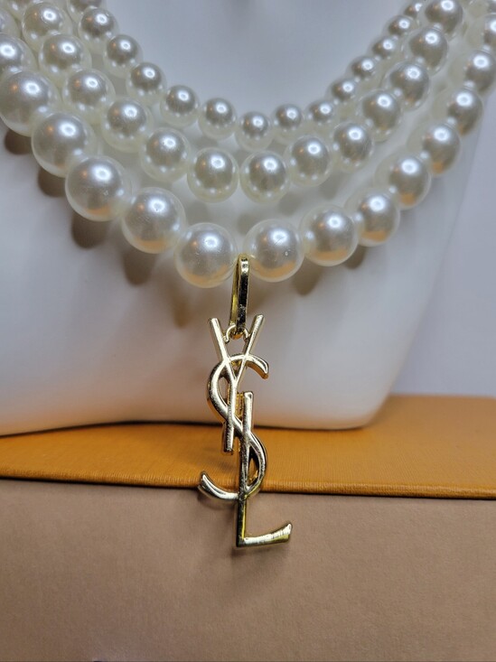 Jewelry - 3 Strand Faux Pearl Necklace, 1.5" Gold YSL Zipper Pull